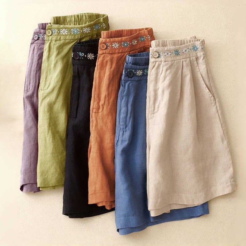 Buddha Stones Summer Casual Embroidery Flower Pleated Zipper Button Polyester Women's Shorts With Pockets - image 29