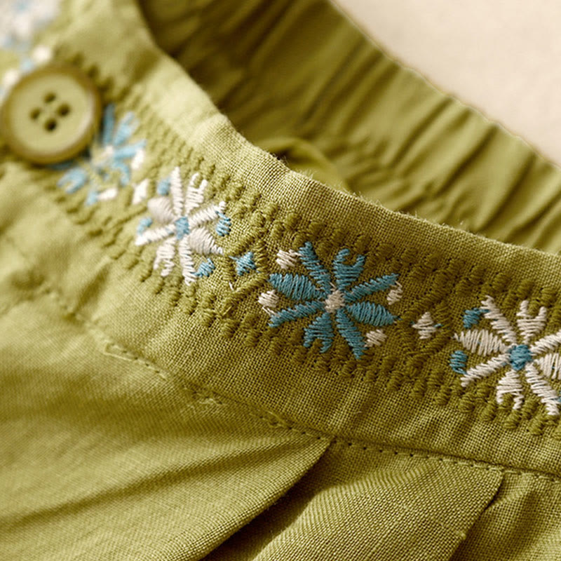 Buddha Stones Summer Casual Embroidery Flower Pleated Zipper Button Cotton Linen Women's Shorts With Pockets - image 5
