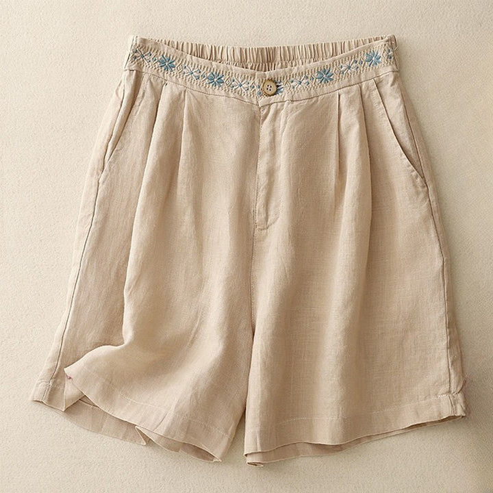 Buddha Stones Summer Casual Embroidery Flower Pleated Zipper Button Cotton Linen Women's Shorts With Pockets - Wheat - US8-10，UK/AU12-14，EU40-42 (2XL) - image 22