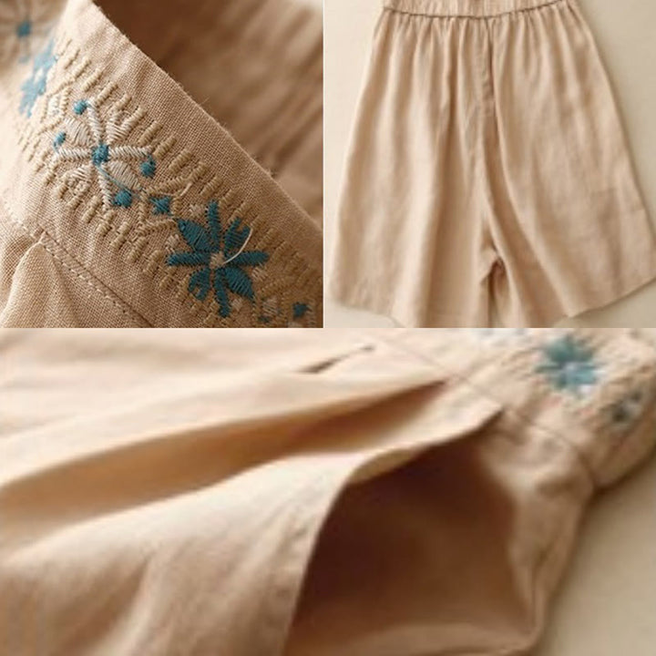 Buddha Stones Summer Casual Embroidery Flower Pleated Zipper Button Cotton Linen Women's Shorts With Pockets - image 25