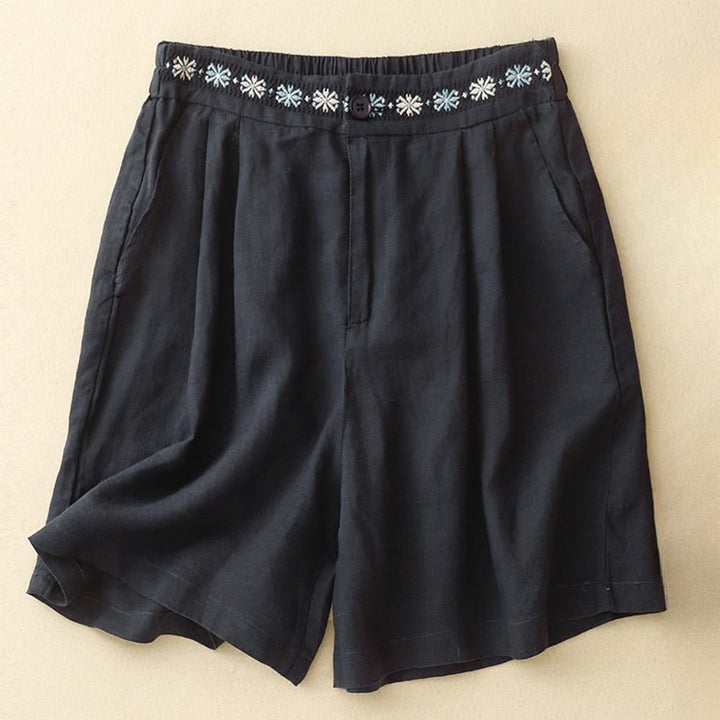 Buddha Stones Summer Casual Embroidery Flower Pleated Zipper Button Polyester Women's Shorts With Pockets - Black - US8-10，UK/AU12-14，EU40-42 (2XL) - image 17