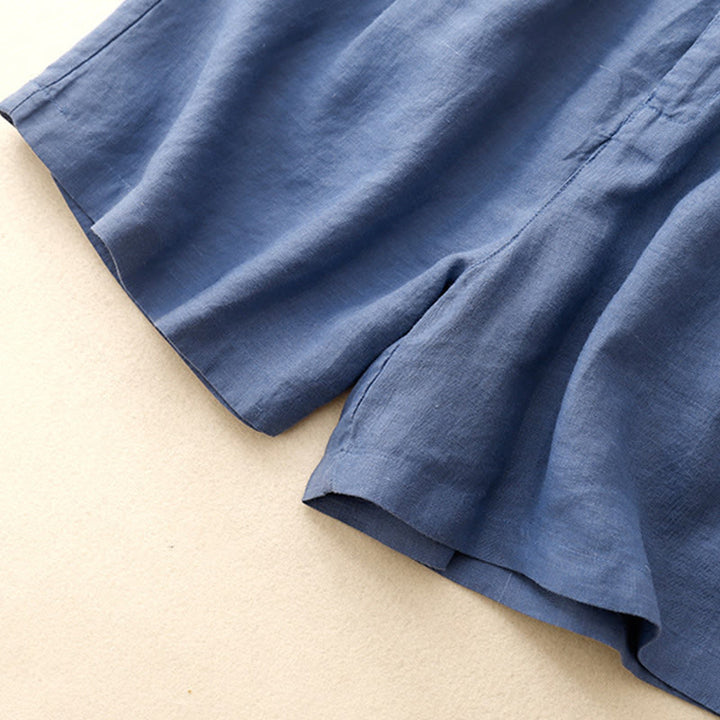 Buddha Stones Summer Casual Embroidery Flower Pleated Zipper Button Cotton Linen Women's Shorts With Pockets - image 1