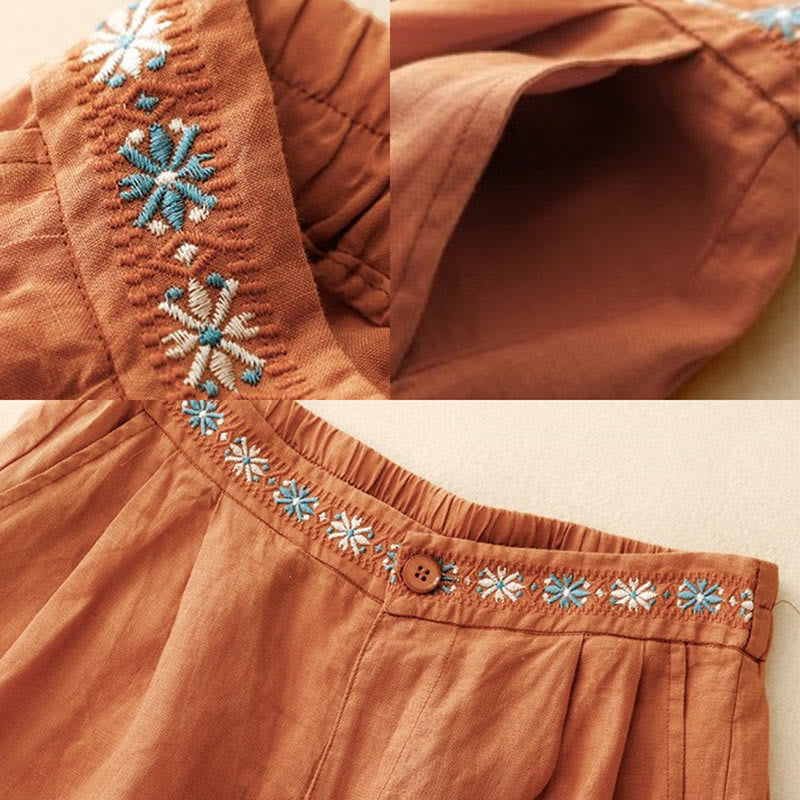 Buddha Stones Summer Casual Embroidery Flower Pleated Zipper Button Cotton Linen Women's Shorts With Pockets - image 15