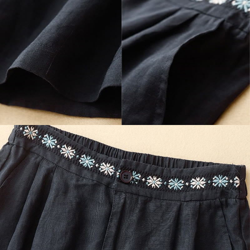 Buddha Stones Summer Casual Embroidery Flower Pleated Zipper Button Cotton Linen Women's Shorts With Pockets - image 20