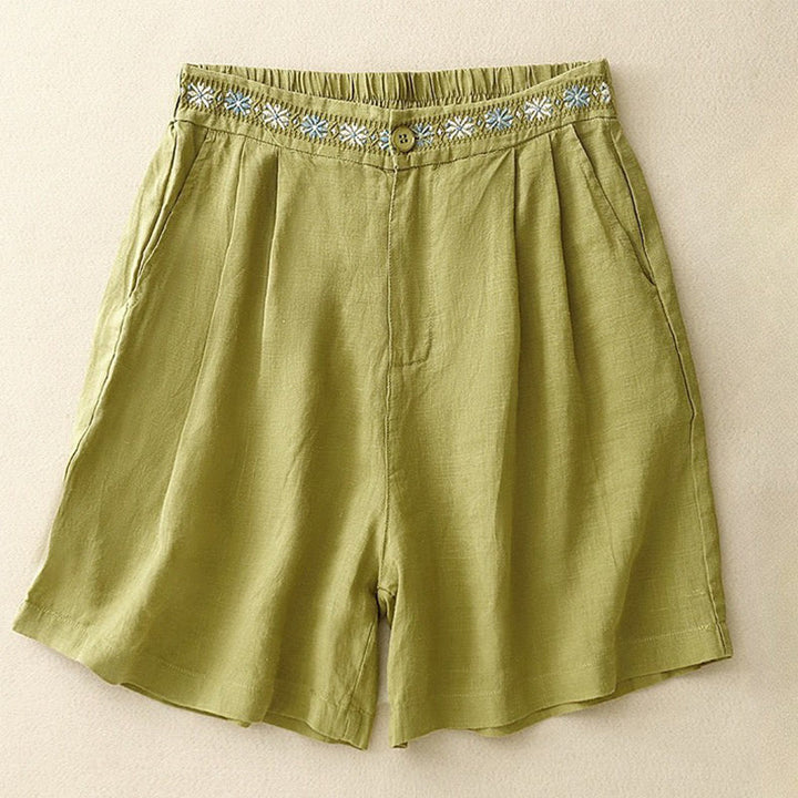 Buddha Stones Summer Casual Embroidery Flower Pleated Zipper Button Cotton Linen Women's Shorts With Pockets - YellowGreen - US8-10，UK/AU12-14，EU40-42 (2XL) - image 4