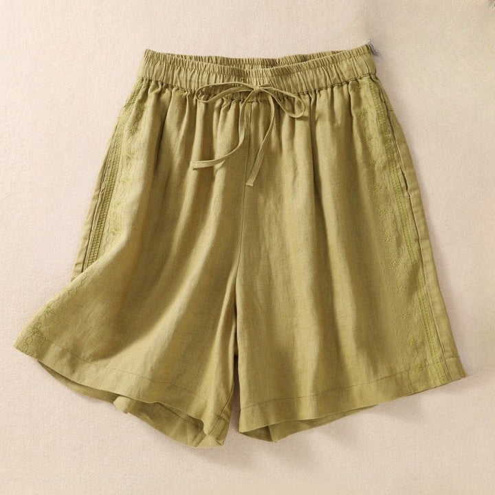 Buddha Stones Casual Floral Embroidery Pattern Drawstring Cotton Linen Women's Shorts With Pockets - YellowGreen - US8-10，UK/AU12-14，EU40-42 (2XL) - image 15