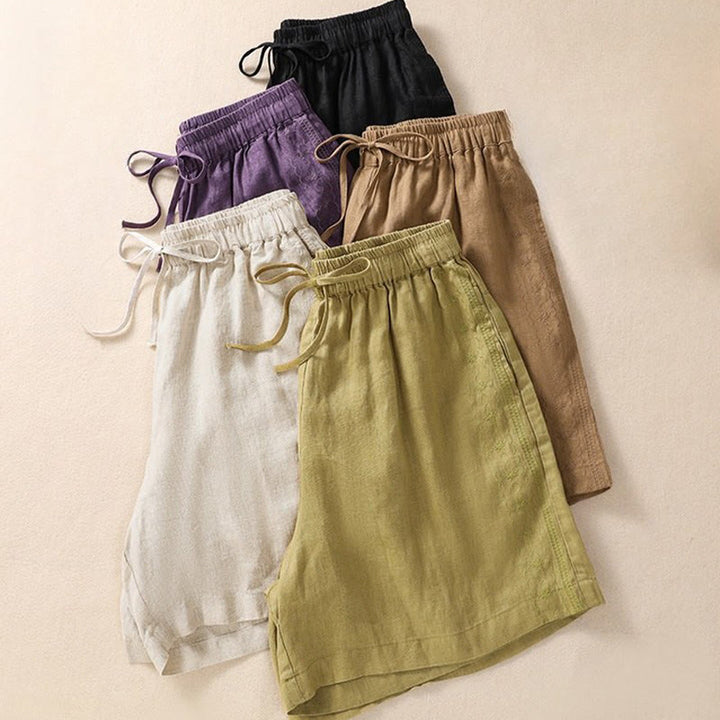 Buddha Stones Casual Floral Embroidery Pattern Drawstring Cotton Linen Women's Shorts With Pockets - image 21