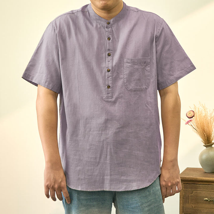 Buddha Stones Men's Summer Solid Color Short Sleeve Half Button Cotton Linen Shirt - LightGrey - US/UK/AU40，EU50 (2XL) - image 13