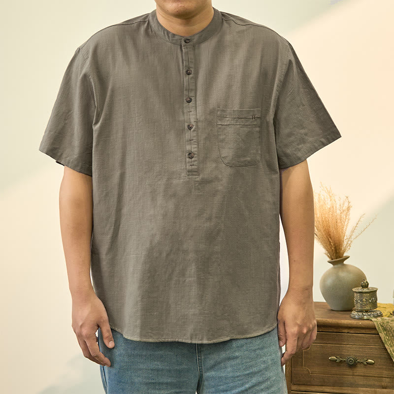 Buddha Stones Men's Summer Solid Color Short Sleeve Half Button Cotton Linen Shirt - DarkSeaGreen - US/UK/AU40，EU50 (2XL) - image 1