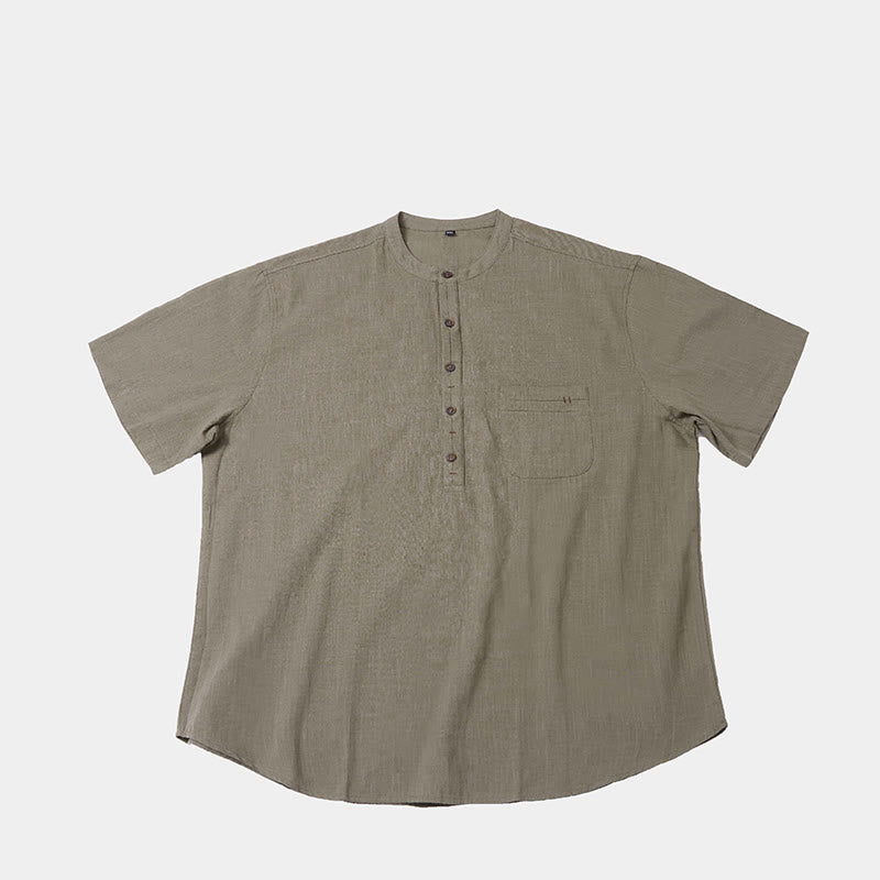 Buddha Stones Men's Summer Solid Color Short Sleeve Half Button Cotton Linen Shirt - image 6