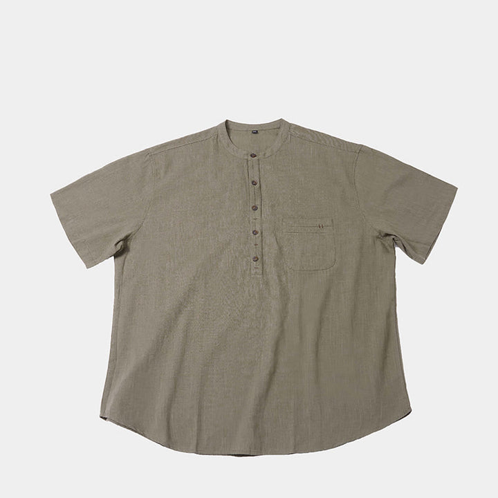 Buddha Stones Men's Summer Solid Color Short Sleeve Half Button Cotton Linen Shirt - image 6