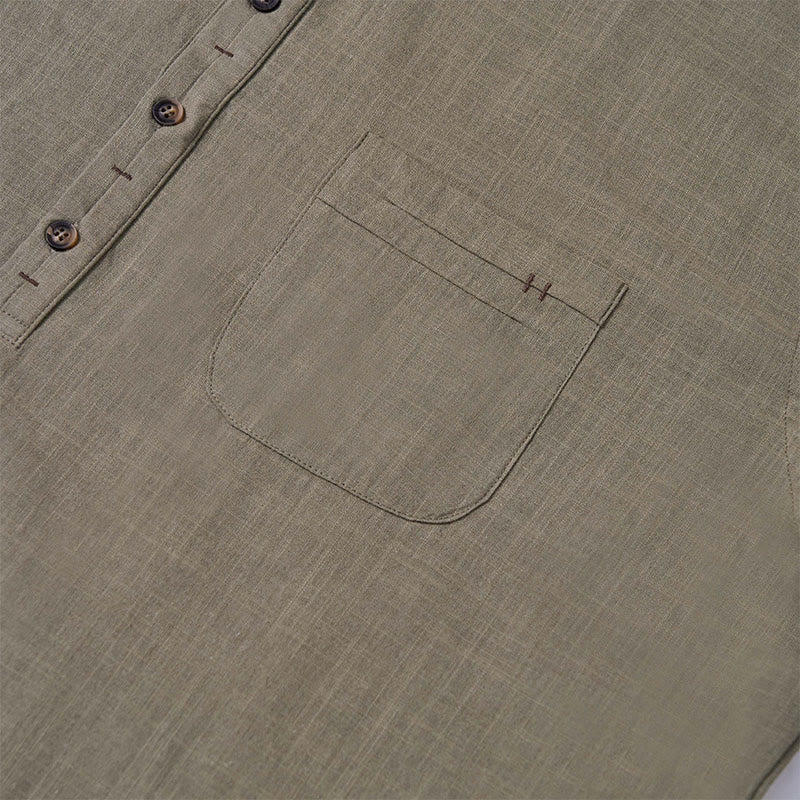 Buddha Stones Men's Summer Solid Color Short Sleeve Half Button Cotton Linen Shirt - image 10