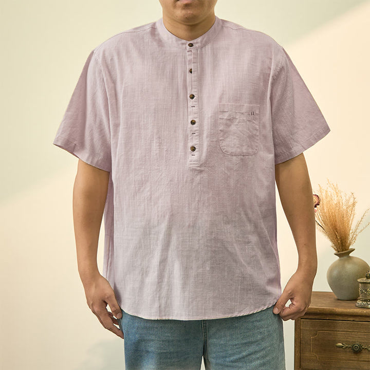Buddha Stones Men's Summer Solid Color Short Sleeve Half Button Cotton Linen Shirt - Linen - US/UK/AU40，EU50 (2XL) - image 19