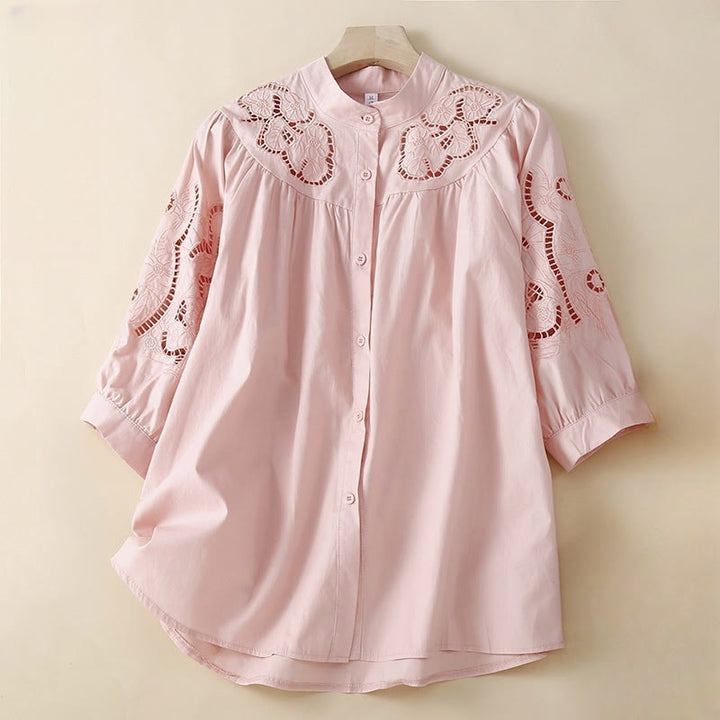 Buddha Stones Casual Embroidery Flower Hole Design Three Quarter Sleeve Cotton Linen Women's Shirt - LightPink - US12，UK/AU16，EU44 (3XL) - image 0