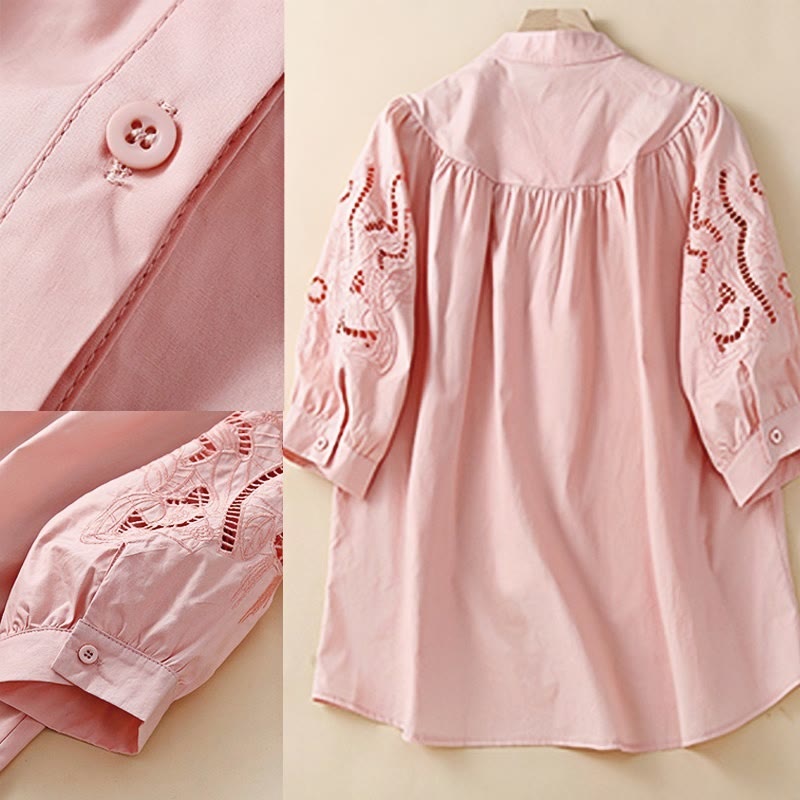 Buddha Stones Casual Embroidery Flower Hole Design Three Quarter Sleeve Cotton Linen Women's Shirt - image 5