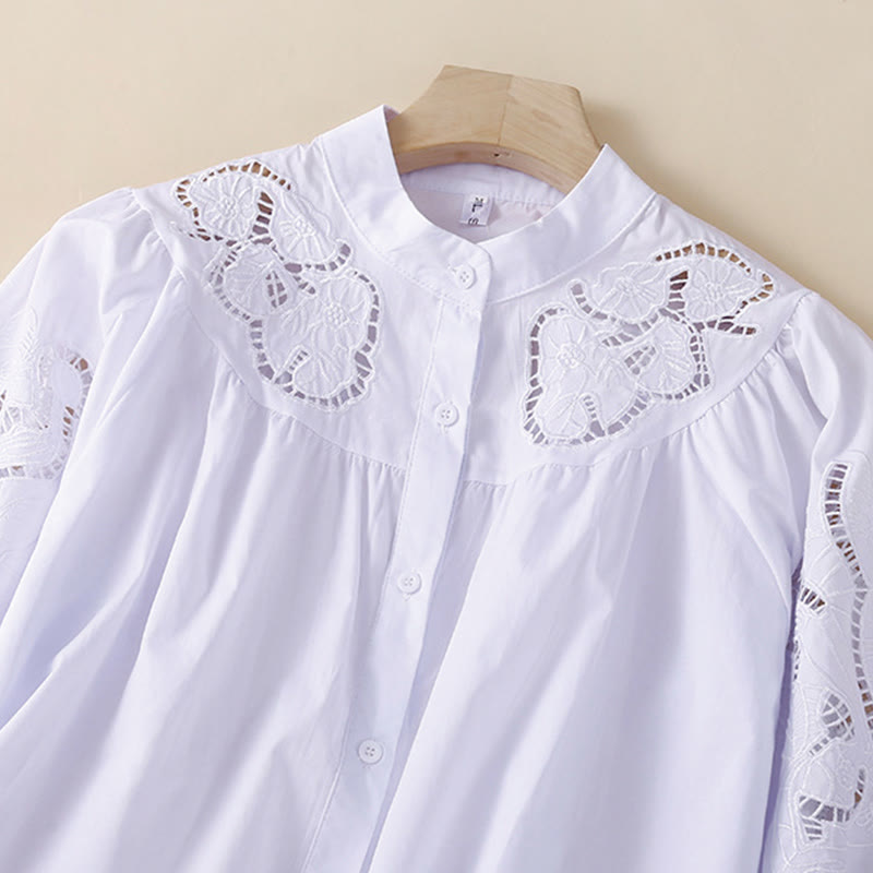 Buddha Stones Casual Embroidery Flower Hole Design Three Quarter Sleeve Cotton Linen Women's Shirt - image 13
