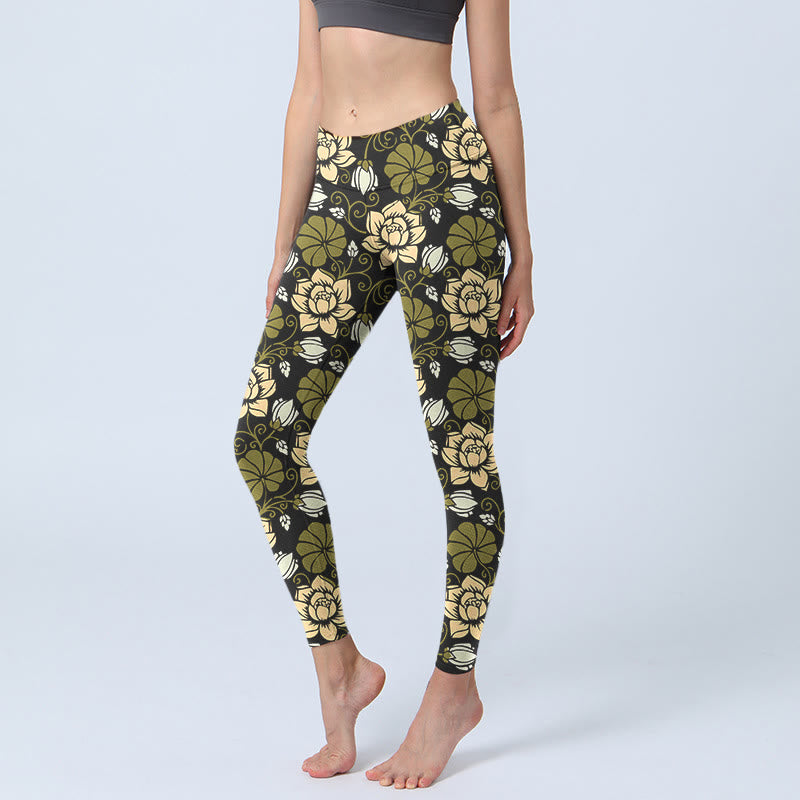 Buddha Stones Yellow Flowers Green Leaves Print Gym Fitness Leggings Women's Yoga Pants - DarkKhaki - US18，UK/AU22，EU50 (4XL) - image 1