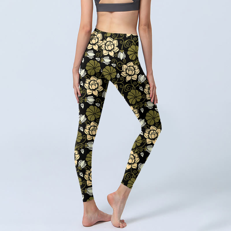 Buddha Stones Yellow Flowers Green Leaves Print Gym Fitness Leggings Women's Yoga Pants - image 4