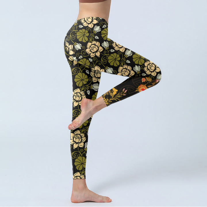 Buddha Stones Yellow Flowers Green Leaves Print Gym Fitness Leggings Women's Yoga Pants - image 4