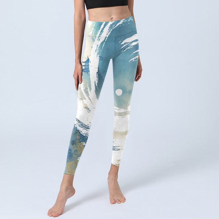 Buddha Stones Blue White Beige Wave Graffiti Print Sports Fitness Leggings Women's Yoga Pants - image 6