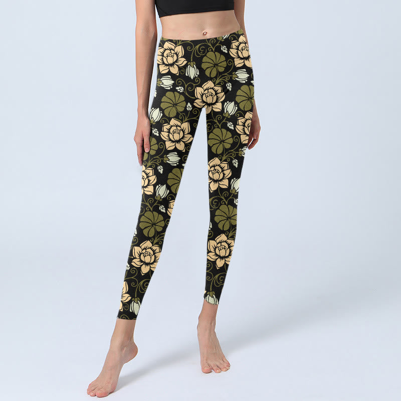 Buddha Stones Yellow Flowers Green Leaves Print Gym Fitness Leggings Women's Yoga Pants - image 5