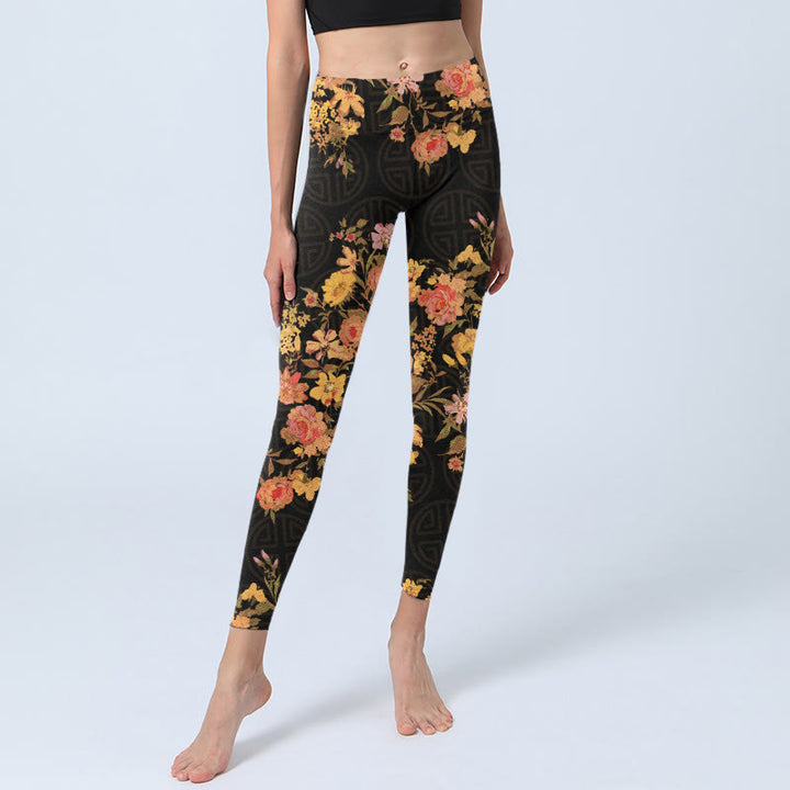 Buddha Stones Yellow Pink Flowers Green Leaves Print Gym Fitness Leggings Women's Yoga Pants - image 6