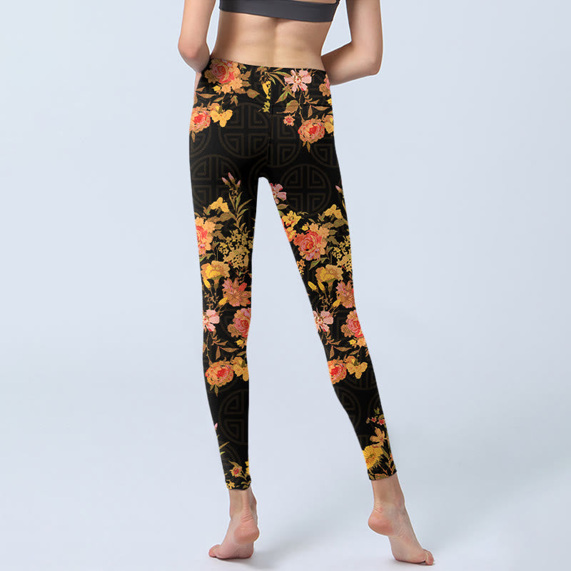 Buddha Stones Yellow Pink Flowers Green Leaves Print Gym Fitness Leggings Women's Yoga Pants - image 6