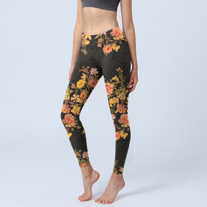 Buddha Stones Yellow Pink Flowers Green Leaves Print Gym Fitness Leggings Women's Yoga Pants - Black - US18，UK/AU22，EU50 (4XL) - image 1