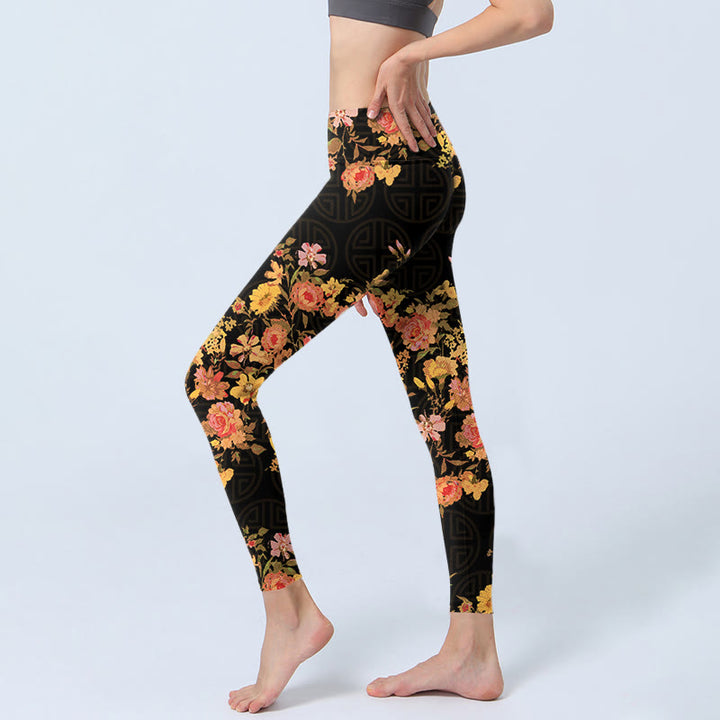 Buddha Stones Yellow Pink Flowers Green Leaves Print Gym Fitness Leggings Women's Yoga Pants - image 2