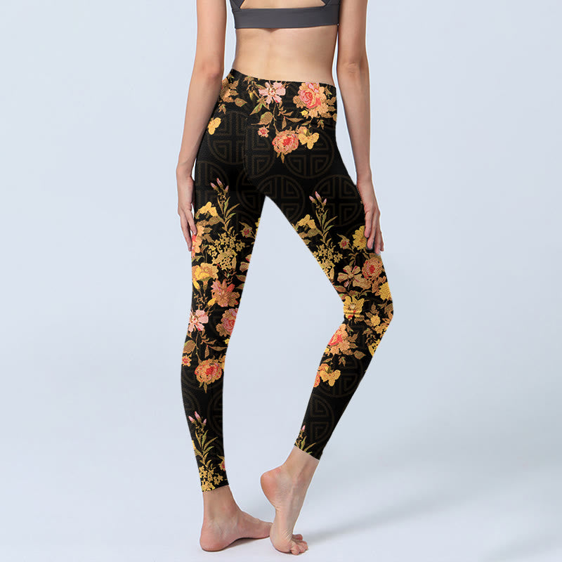 Buddha Stones Yellow Pink Flowers Green Leaves Print Gym Fitness Leggings Women's Yoga Pants - image 4