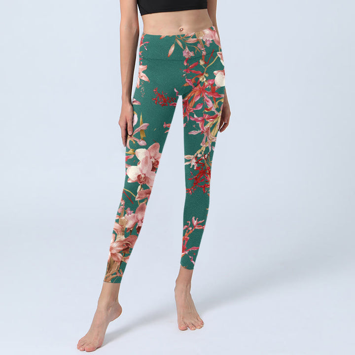 Buddha Stones Green Pink Flowers Print Gym Fitness Leggings Women's Yoga Pants - image 5