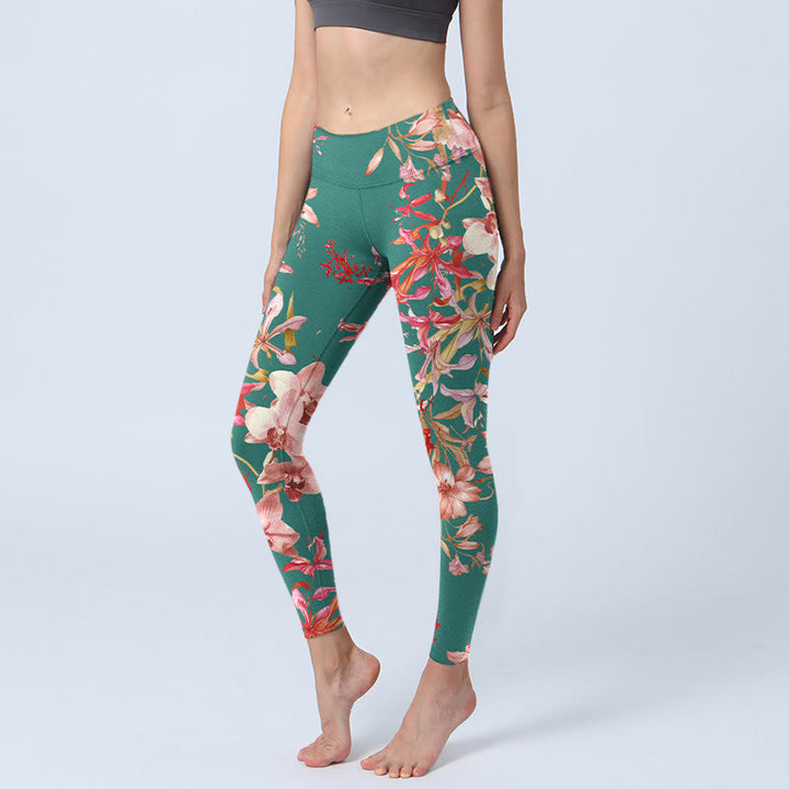 Buddha Stones Green Pink Flowers Print Gym Fitness Leggings Women's Yoga Pants - MediumAquamarine - US18，UK/AU22，EU50 (4XL) - image 1