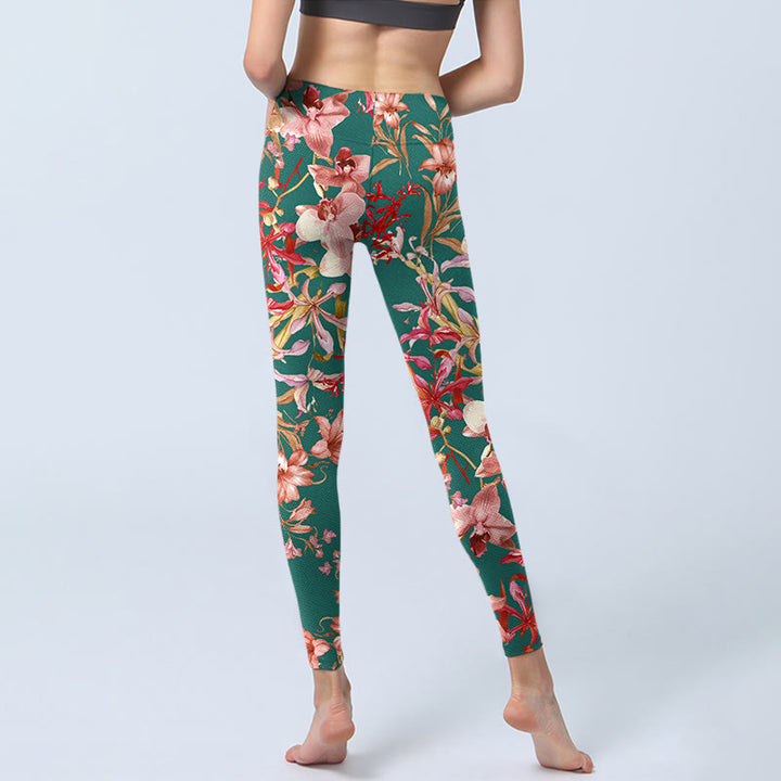 Buddha Stones Green Pink Flowers Print Gym Fitness Leggings Women's Yoga Pants - image 6