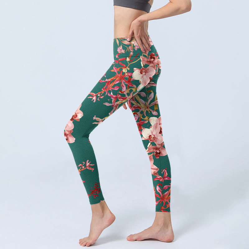 Buddha Stones Green Pink Flowers Print Gym Fitness Leggings Women's Yoga Pants - image 3
