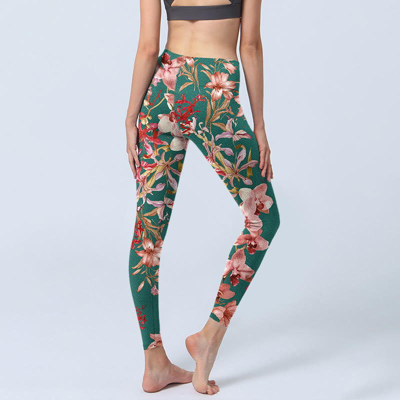 Buddha Stones Green Pink Flowers Print Gym Fitness Leggings Women's Yoga Pants - image 5