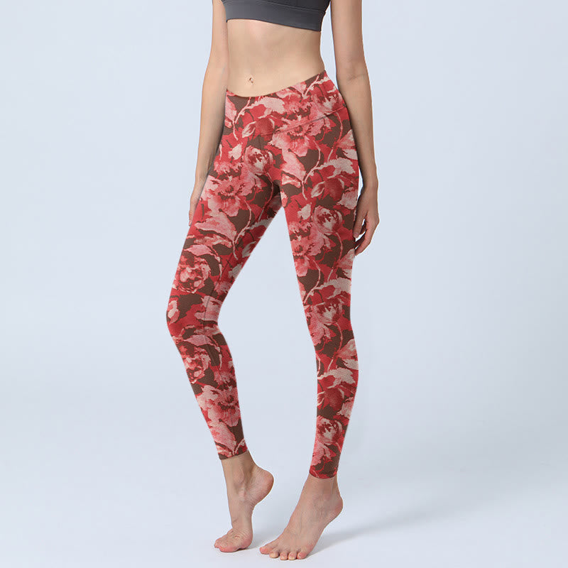 Buddha Stones Red Flowers Print Sports Fitness Leggings Women's Yoga Pants - Salmon - US18，UK/AU22，EU50 (4XL) - image 0