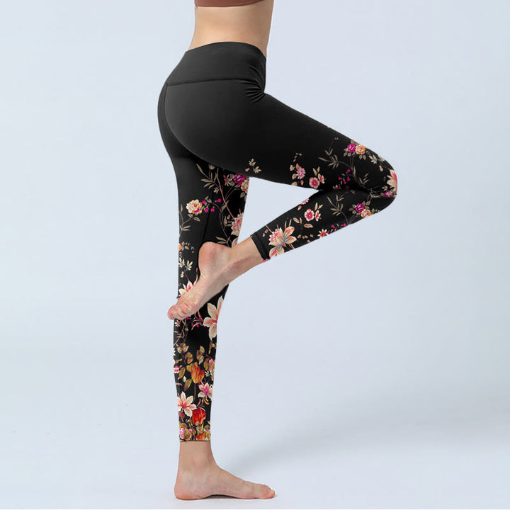 Buddha Stones Pink Roses Beige Flowers Print Gym Fitness Leggings Women's Yoga Pants - image 4