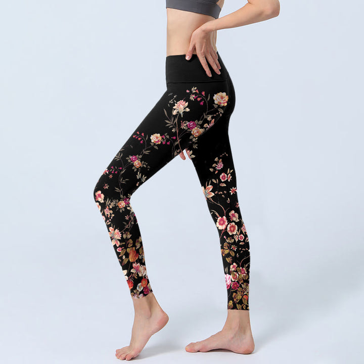 Buddha Stones Pink Roses Beige Flowers Print Gym Fitness Leggings Women's Yoga Pants - image 3