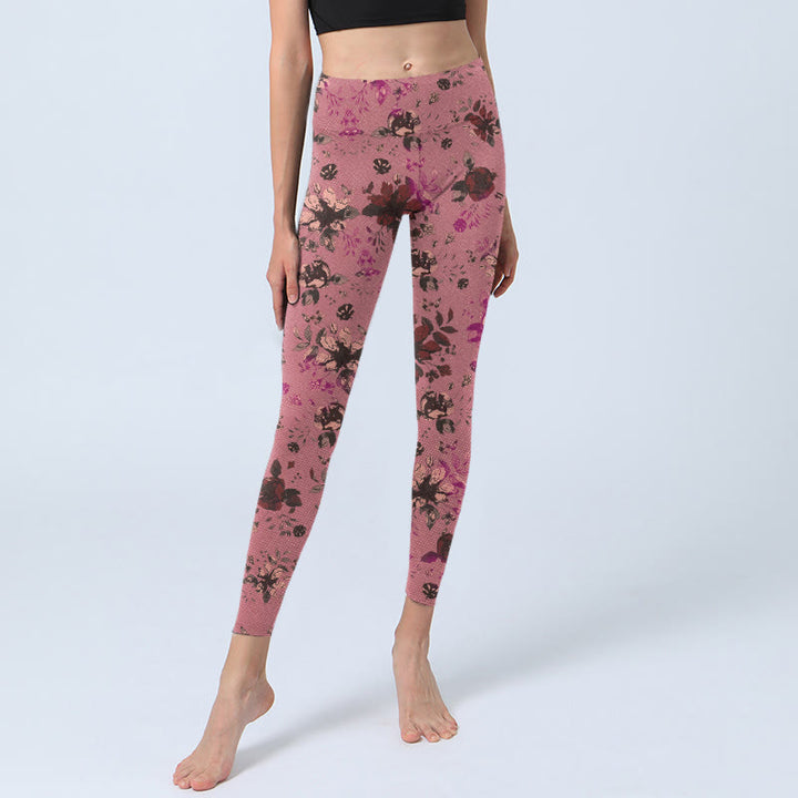 Buddha Stones Red Roses Pink Leaves Print Sports Fitness Leggings Women's Yoga Pants - image 6