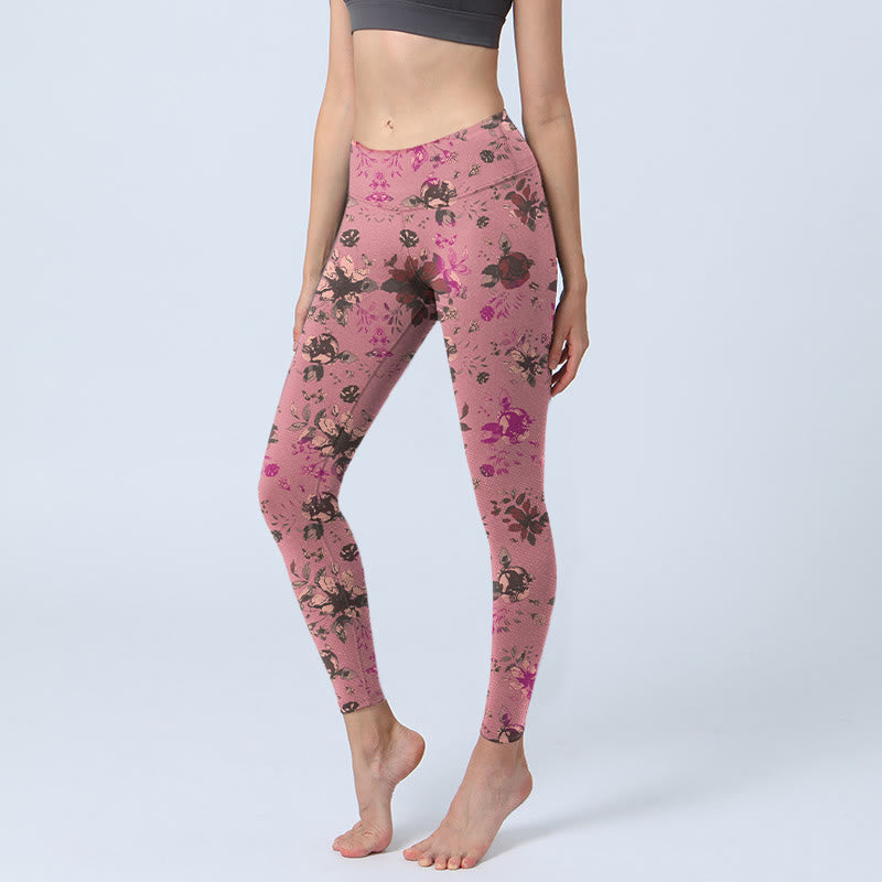 Buddha Stones Red Roses Pink Leaves Print Sports Fitness Leggings Women's Yoga Pants - PaleVioletRed - US18，UK/AU22，EU50 (4XL) - image 1