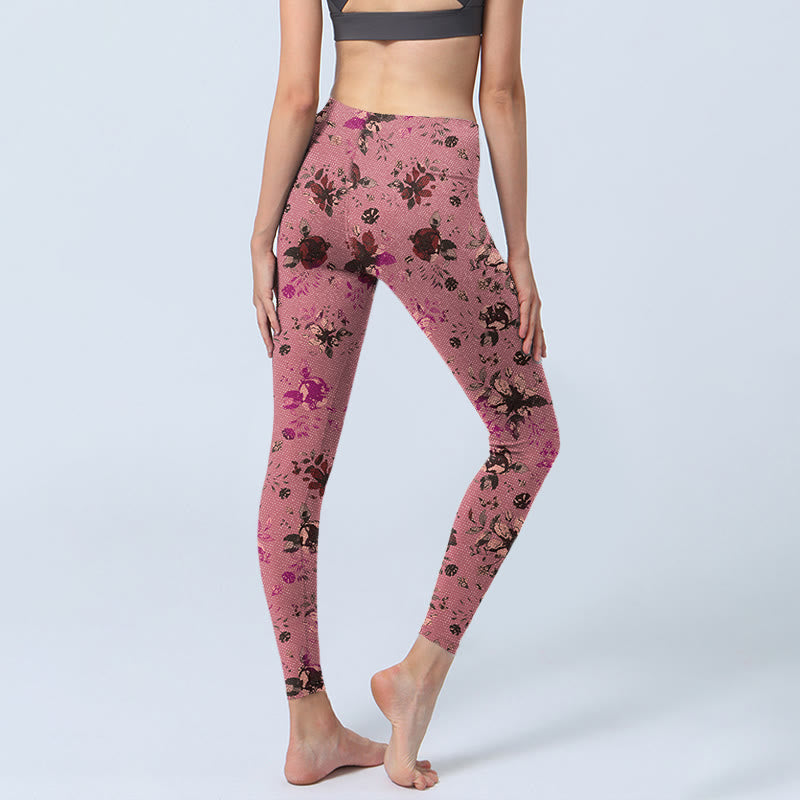 Buddha Stones Red Roses Pink Leaves Print Sports Fitness Leggings Women's Yoga Pants - image 5