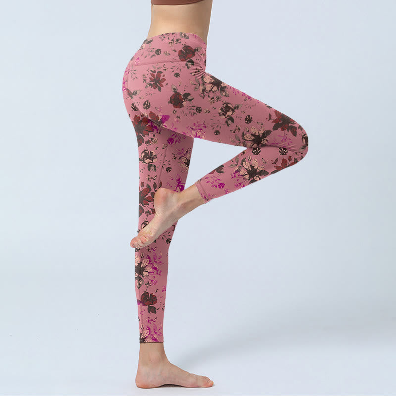 Buddha Stones Red Roses Pink Leaves Print Sports Fitness Leggings Women's Yoga Pants - image 3