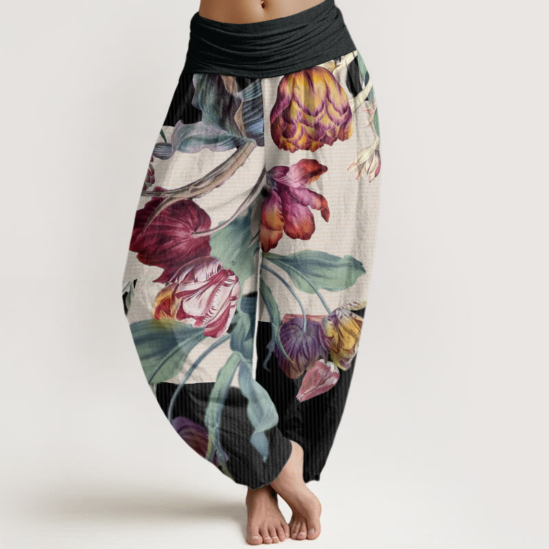 Buddha Stones Tulips Green Leaves Design Women's Elastic Waist Harem Pants - Black - US22，UK/AU26，EU54 (6XL) - image 1