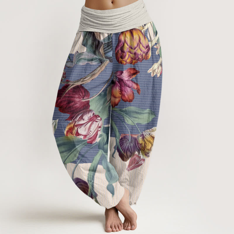 Buddha Stones Tulips Green Leaves Design Women's Elastic Waist Harem Pants - Beige - US22，UK/AU26，EU54 (6XL) - image 5