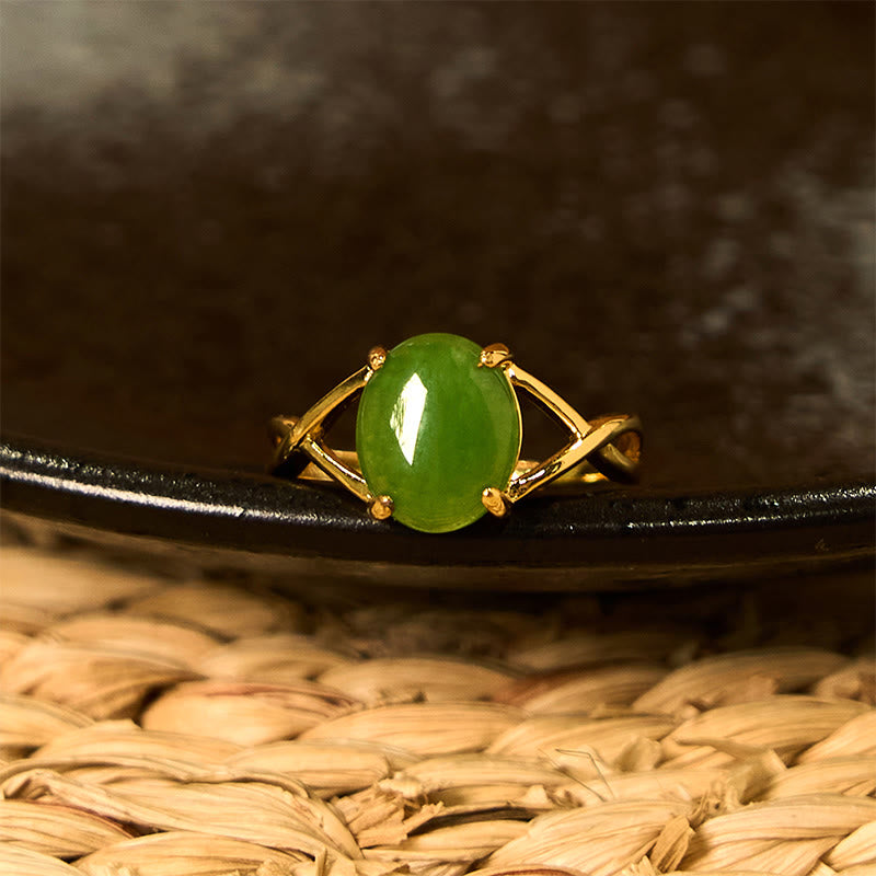 Buddha Stones Natural Jade Alloy Adjustable Buckle Abundance Ring