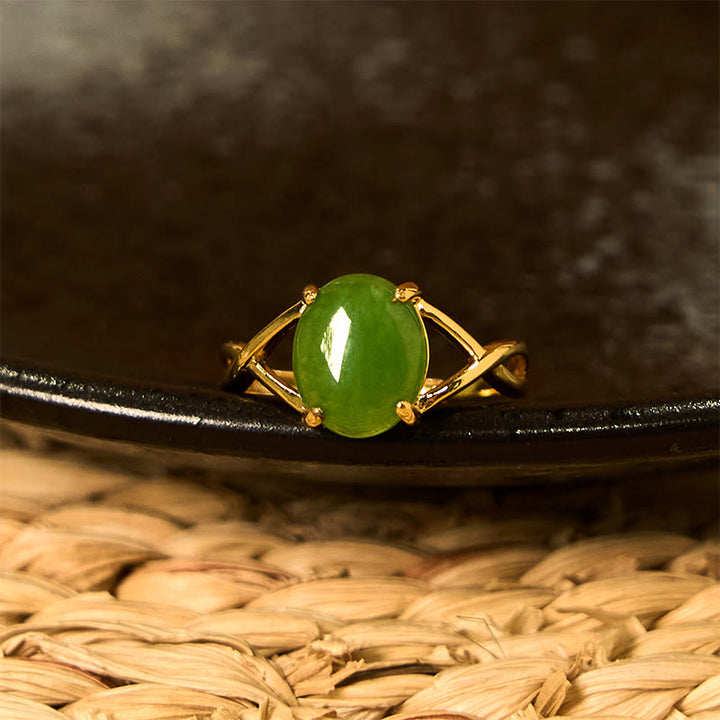 Buddha Stones Natural Jade Alloy Adjustable Buckle Abundance Ring