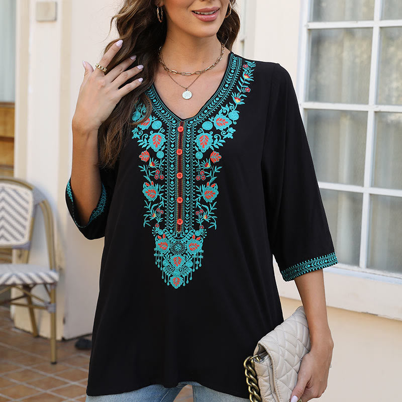 Buddha Stones Summer Casual Embroidery Flower Leaf Half Sleeve V-neck Cotton Women's T-Shirt - image 5
