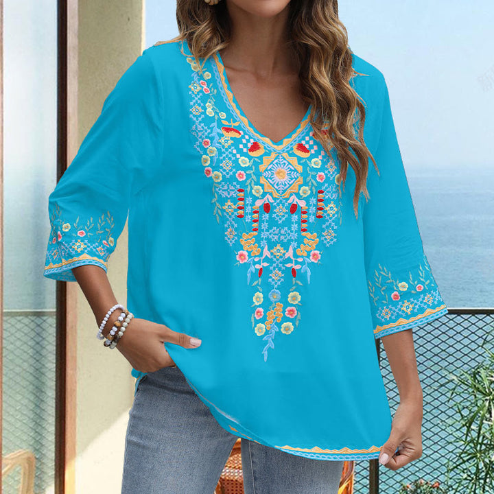 Buddha Stones Spring Daily Embroidery Flower Pattern Long Sleeve V-neck Cotton Women's T-Shirt - image 19