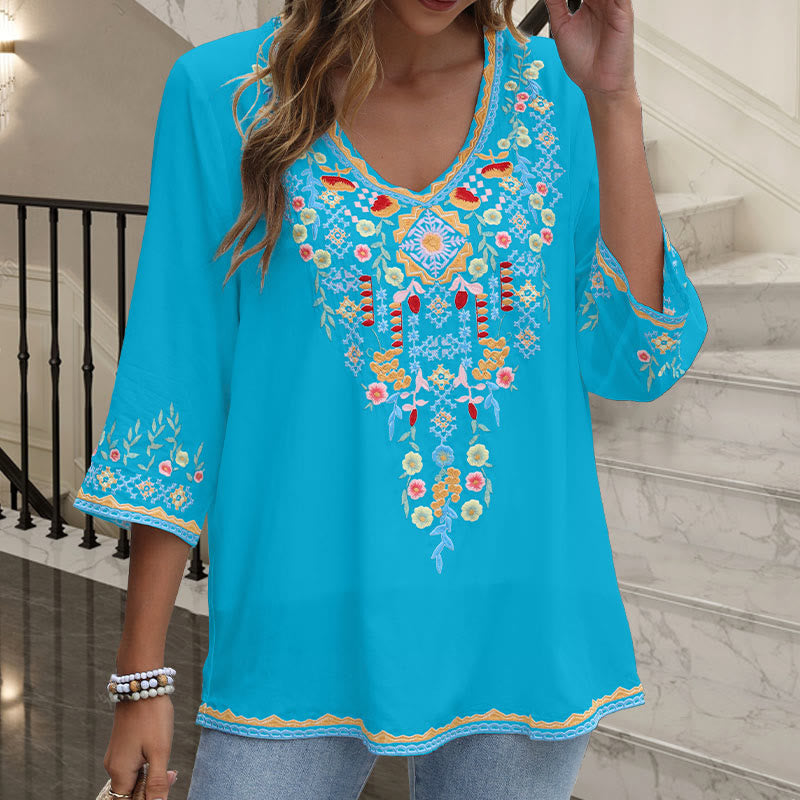 Buddha Stones Spring Daily Embroidery Flower Pattern Long Sleeve V-neck Cotton Women's T-Shirt - image 18