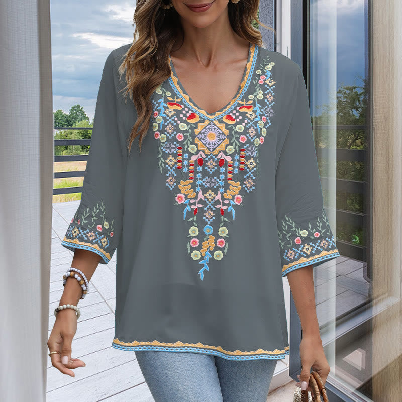 Buddha Stones Spring Daily Embroidery Flower Pattern Long Sleeve V-neck Cotton Women's T-Shirt - Gray - US12，UK/AU16，EU44 (3XL) - image 10